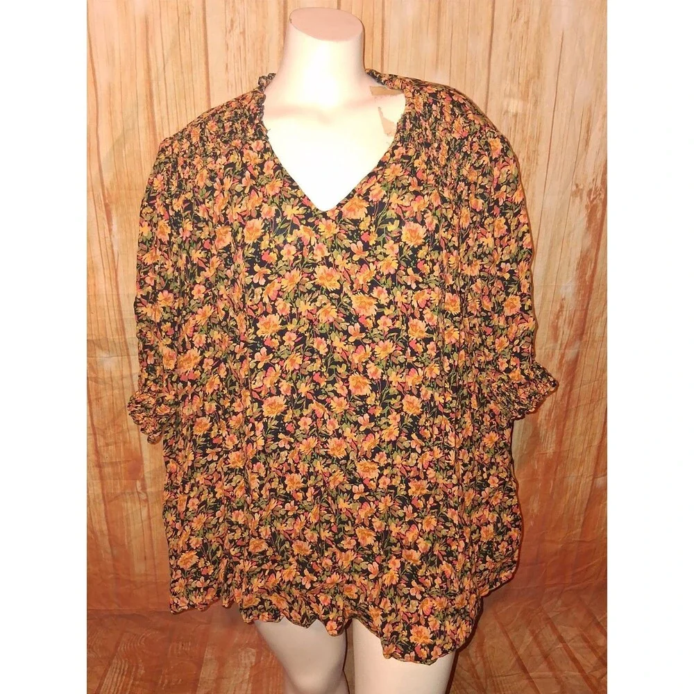 Terra & Sky Multicolor Floral Short Sleeve V-neck Pullover Blouse Sz 3X